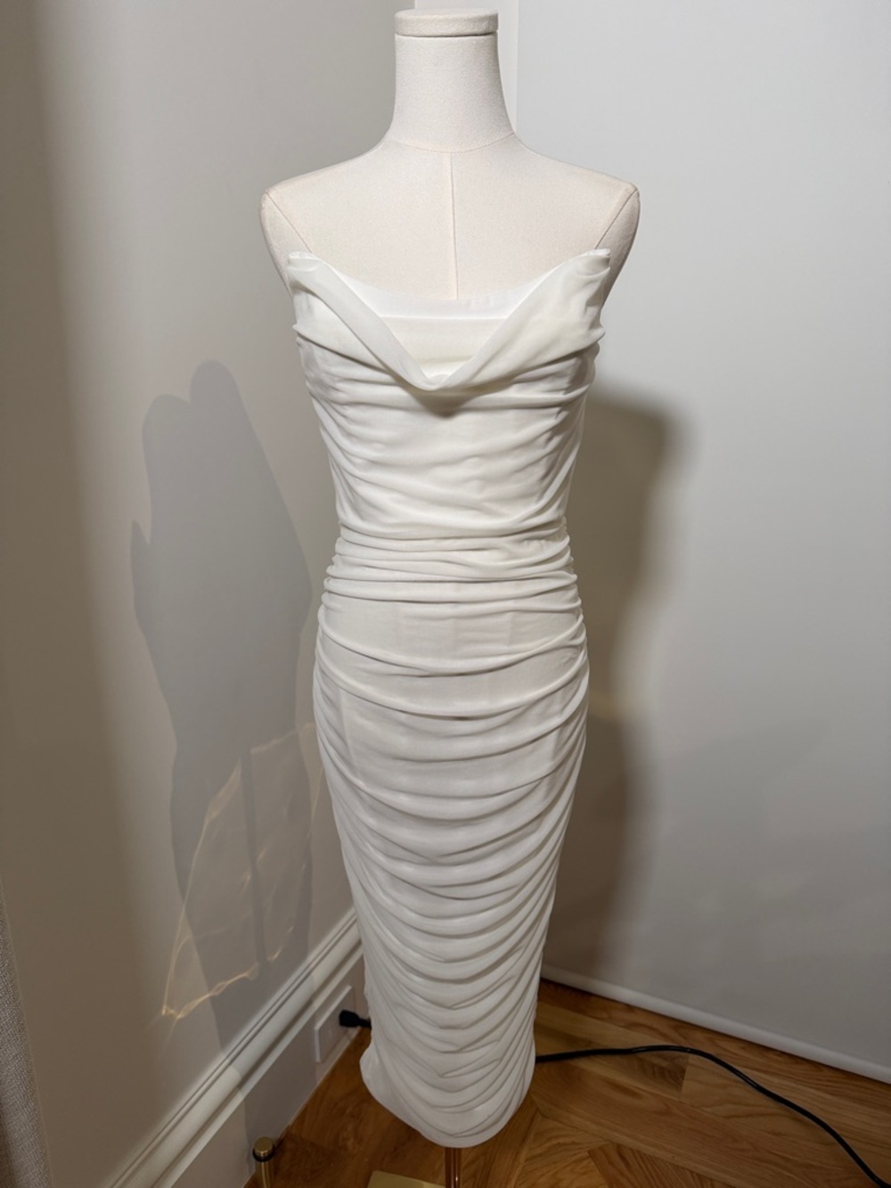 Strapless White Ruched Cowl Midi Dress